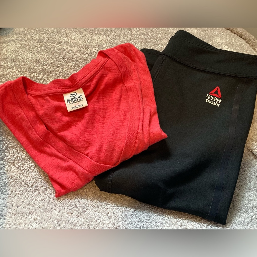 Cute workout outfit. Size small.Black Reebok CrossFit capris. Pink brand tee